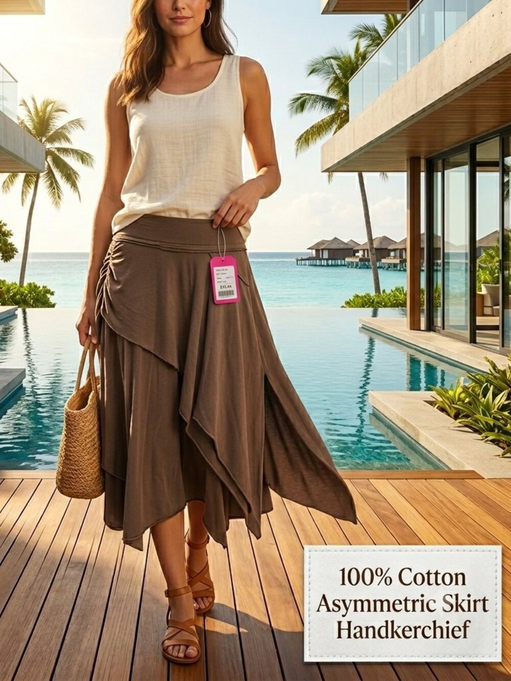 NWT Women L Asymmetric Handkerchief Skirt 100% Cotton Coffee Wide Elastic Band
